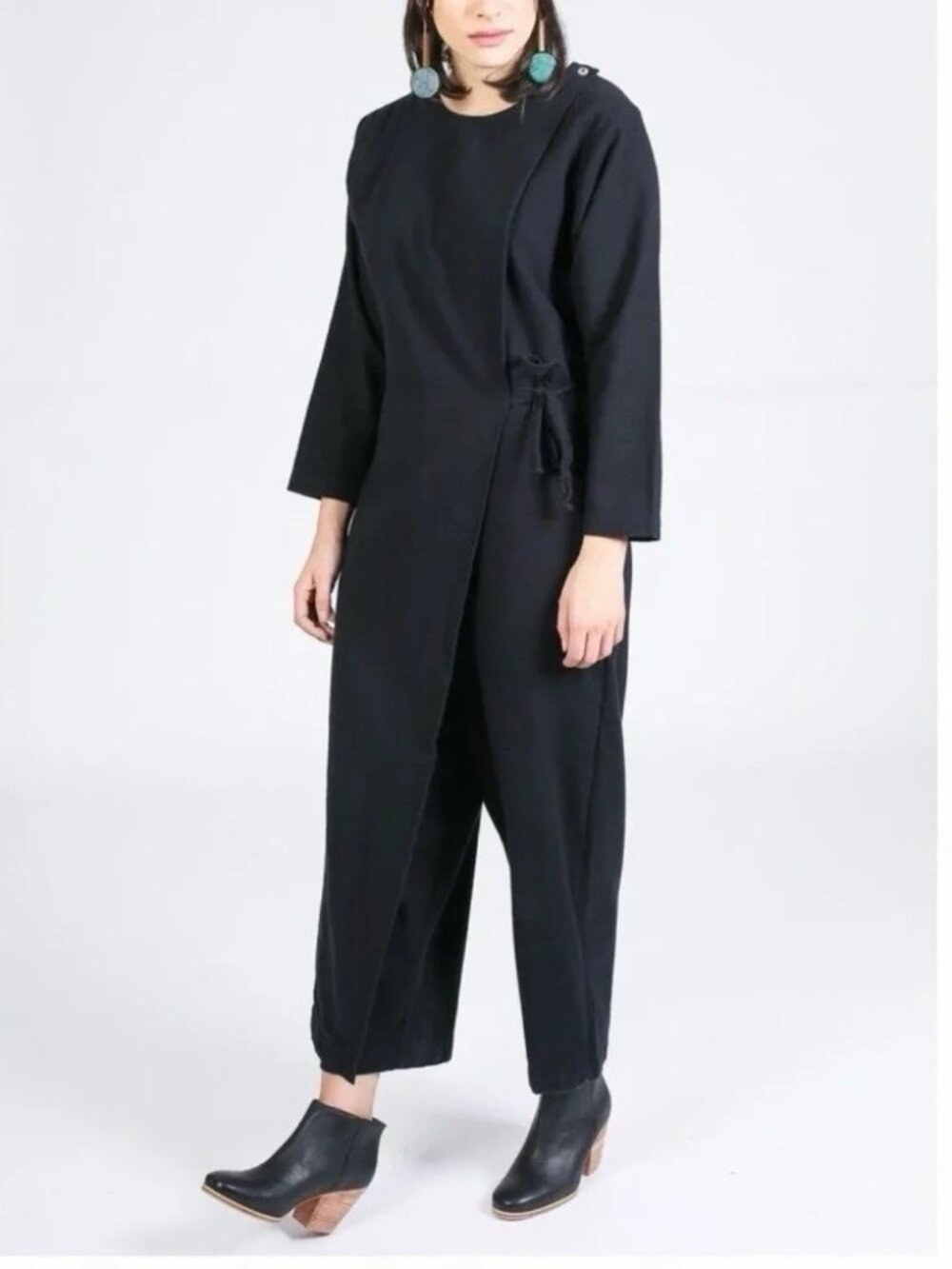 Black Crane Cotton Wool Cross Front Wrap Jumpsuit Size S
